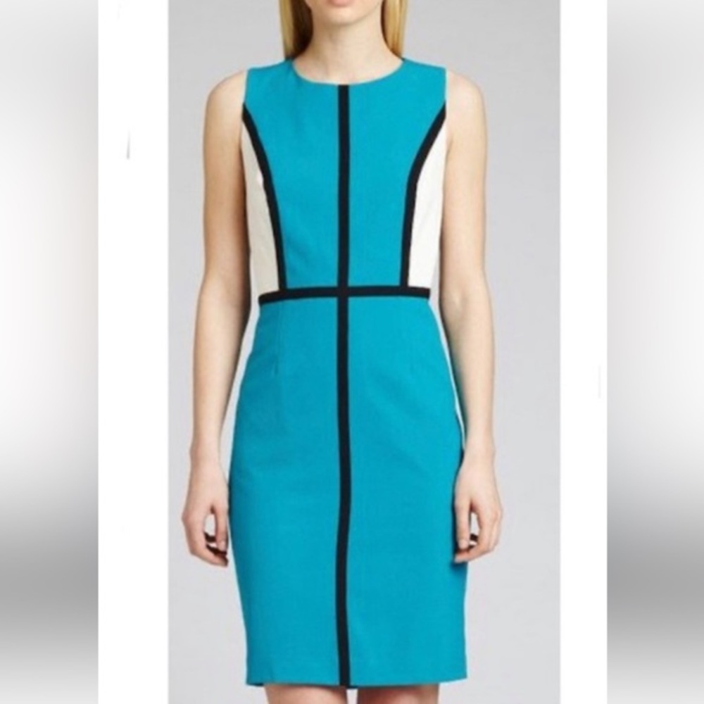 Calvin Klein women’s color block Lagoon blue black white Sheath Dress Size 10